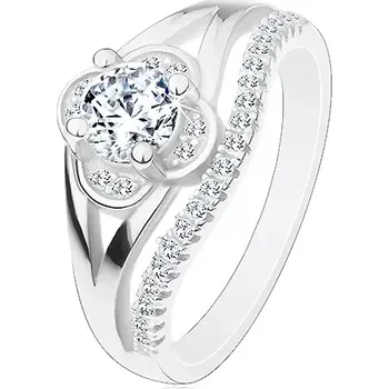 Prsten Zásnubní prsten, stříbro 925, čirý zirkonový kvítek a linie drobných zirkonů - Velikost: 46