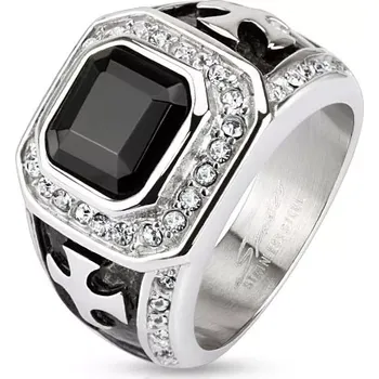 Prsten Mohutný prsten z chirurgické oceli, černý zirkonový čtverec, čiré linie, kříže - Velikost: 65