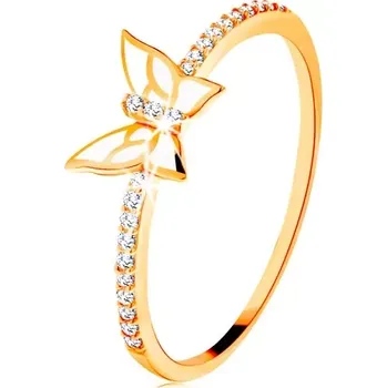 Prsten Prsten ze žlutého 14K zlata - třpytivé linie, bílý glazovaný motýl - Velikost: 49