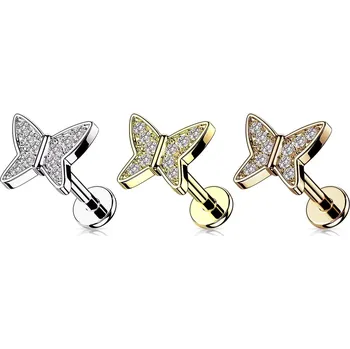 Piercing Piercing do rtů a brady z oceli - motýlek s čirým zirkonem, vnitřní závit, 6 mm - Barva: Zlatá