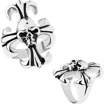 Prsten Masivní prsten z oceli 316L, stříbrná barva, liliový kříž s lebkou - Velikost: 67