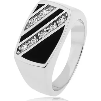 Prsten Stříbrný prsten 925, obdélník - šikmé linie čirých zirkonů, černá glazura - Velikost: 57