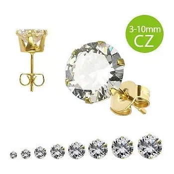 Náušnice Náušnice z chirurgické oceli s čirým kulatým zirkonem, zlaté provedení - Velikost zirkonu: 8 mm