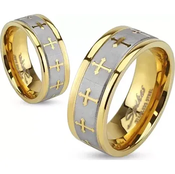 Prsten Ocelový prsten ve zlaté a stříbrné barvě, matný pás, křížky, 6 mm - Velikost: 68