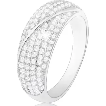 Prsten Rhodiovaný prsten, stříbro 925, vypouklý pás zdobený čirými zirkonky - Velikost: 51