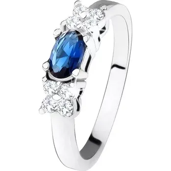 Prsten Lesklý prsten - stříbro 925, tmavě modrý oválný zirkon, čtyřlístek, čiré kamínky - Velikost: 55