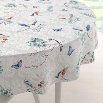 ubrus Bavlněný kulatý ubrus Sandra SA-471 Vlaštovky s motýlky na světle šedém ornamentu Ø 40 cm