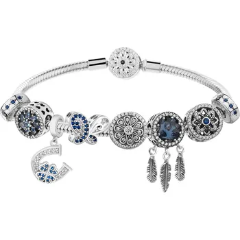 Náramek Stříbrný náramek Beads - sada - motýl, čtyřlístek, podkova, lapač snů, květiny - AP93-0424