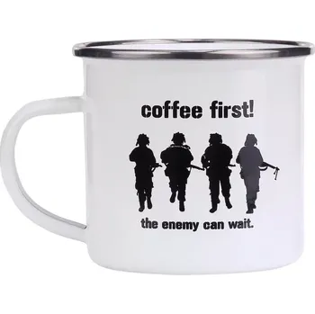 Hrnek smalt COFFE FIRST bílý (Smaltovaný plechový hrnek s motivem, průměr cca 8 cm., obsah cca 300 ml.)
