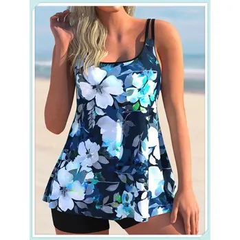 Dámské plavky Dámské barevné plavky - dvojdílné (tankiny) Barva: bílé květy (s3), Velikost: XXL