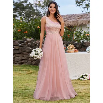 Dámské šaty Maxi dlouhé flitrové tylové šaty pro družičku na jedno rameno Barva: Růžová, Velikost: 2XL