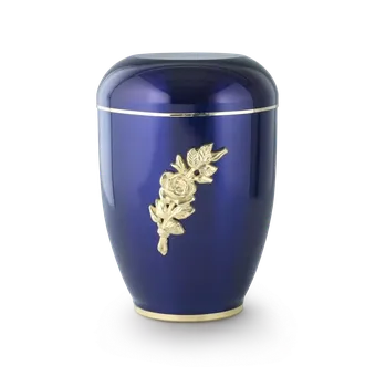 Smuteční dekorace Urna měděná modrá se zlatou růží
