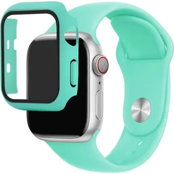 Pouzdro na mobilní telefon Silikonový řemínek s pouzdrem s tvrzeným sklem pro Apple Watch 42mm - tyrkysový