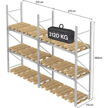 Dílenský regál Regalydoskladu Paletový regál (18 palet), výška 360 cm, šířka: 570 cm, hloubka: 110 cm, pozink - modul základní