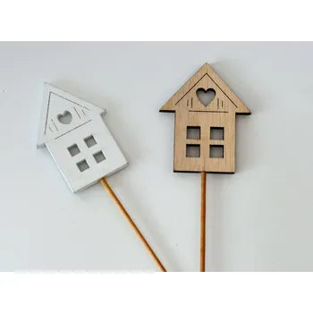 Zápich dřevěné dekorace - DOMEČEK SE SRDÍČKEM BÍLÝ
