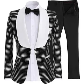 Pánský oblek se širokým límcem a kostkovaným vzorem Barva: Černá, Velikost: 3XL