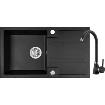 Laveo Barbados, 1-komorový granitový dřez 760x440x194 mm + dřezová baterie Granit 8, černá skvrnitá, LAV-SBBA711T