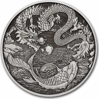 Perth Mint Austrálie, čínské mýty a legendy – Drak a Koi 1 oz Stříbro starožitná mince