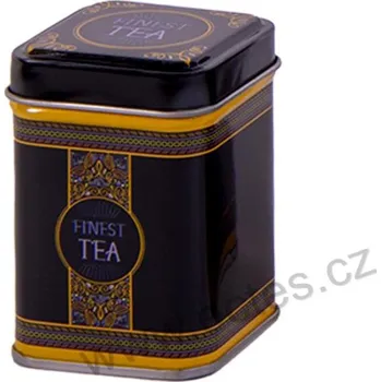 Dóza na potraviny FINEST TEA černá plechová dóza na čaj 7422 žluté a fialové ozdobné ornamenty