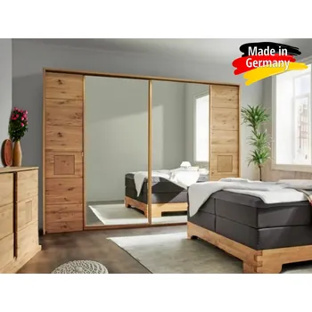 Šatní skříň Skříň s posuvnými dveřmi Graz - Divoký dub masiv / zrcadla 286 cm GRAZ-1Z