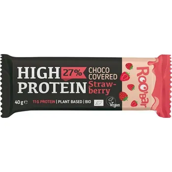 Roo´bar Bio vysokoproteinová tyčinka s jahodami a růžovou vegan čokoládou 30 g