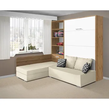 Postel Nabytekmorava Sklápěcí postel s pohovkou VS 21075, 200 x 160cm barevné kombinace: Ořech lyon / dveře bílé, barva pohovky: Savana krémová