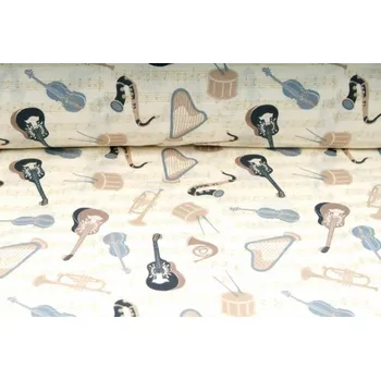 Plátno bavlněné, vzor hudební nástroje, metráž, látka