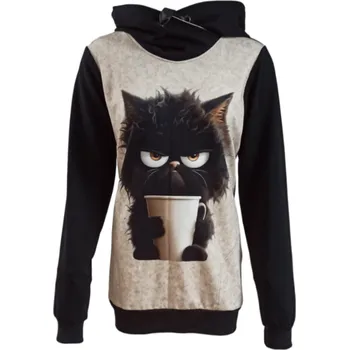 Dámská mikina Dámská mikina s kapucí Kočka s kelímkem černý rukáv L