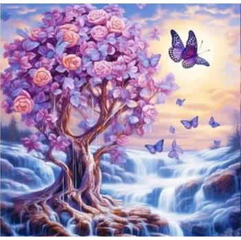 Diamantové malování Diamantové malování - Růžový strom u vodopádů (40x40)