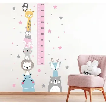 Samolepící dekorace Nálepky na zeď dětský metr zvířátka růžový - Plotbase, s.r.o.,60x120cm