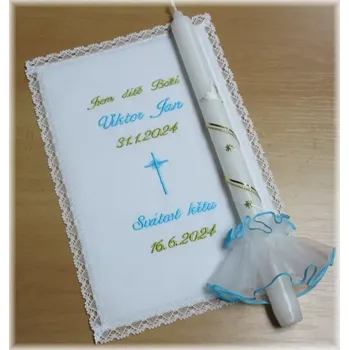 rouška Křestní sada 3D vyšívaná rouška s krajkou , svíce s ozdobou vzor 19