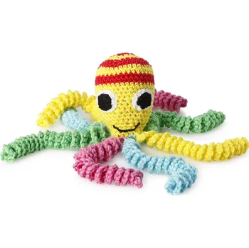 plyšák Wooline Háčkovaná chobotnička pro novorozence, pestrobarevná žluto-červená hlavička RUČNÍ VÝROBA V ČESKÉ REPUBLICE!