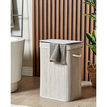 Koš na prádlo Koš na prádlo šedý bambusové dřevo polyester se snímatelným víkem a rukojeťmi víceúčelový moderní design Beliani
