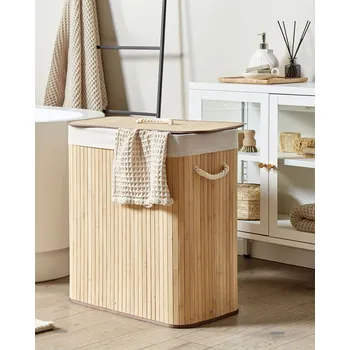 Úložný koš s víkem světle hnědé bambusové dřevo 2 přihrádky koš na prádlo s rukojeťmi Beliani