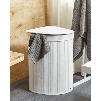 Koš na prádlo Úložný koš s víkem bílý bambusové dřevo rohový koš na zip na prádlo doplněk Beliani