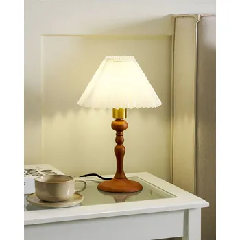 Lampička Stolní lampa tmavé dubové dřevo bavlněné bílé stínítko 38 cm lampa na noční stolek retro elegantní Beliani