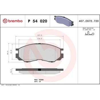 Brzdová destička Sada brzdových destiček, kotoučová brzda BREMBO P 54 020
