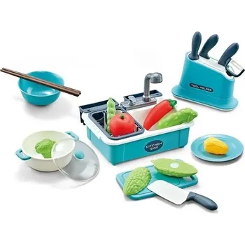 nádobí do dětské kuchyňky Dětský dřez 19 x 13,5 x 14 cm modrý + příslušenství