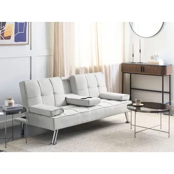 Pohovka Pohovka béžová čalouněná rozkládací do obývacího pokoje s funkcí spánku 3místná sklápěcí stolek kovové stříbrné nohy moderní obývací pokoj Beliani