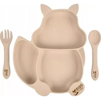 Talíř Silikonový talíř s přísavkou a příborem BLW - béžová veverka