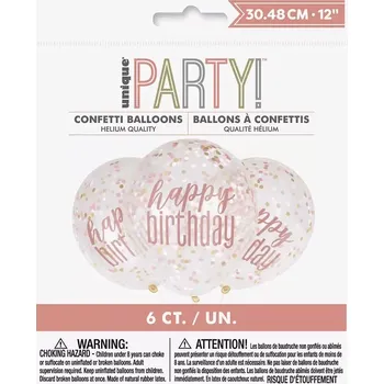 Balónek Latexové balonky Happy Birthday průhledné rosegold potisk 30 cm 6 ks