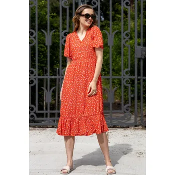 Dámské šaty Vero Moda dámské midi šaty s potiskem Tirza oranžovo-červené Velikost: XS