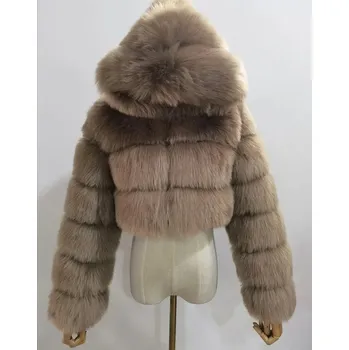 Dámský kožich Dámský crop kožich s kapucí Barva: Khaki, Velikost: 5XL
