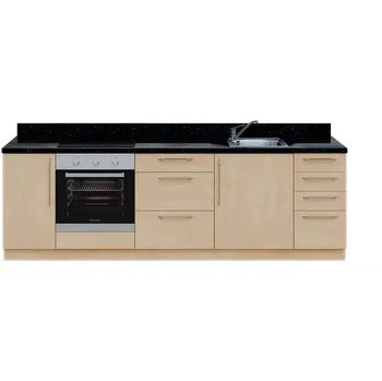 Dětská kuchyňka KUCH - CV260 cvičná kuchyňka, vybavení - dřez + baterie + trouba + varná deska, 870x2600x600 mm, bříza světlá + deska černá andromeda