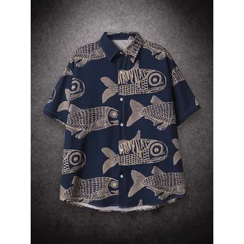 Pánská košile Pánská košile s potiskem ryb Velikost: 2XL, Barva (Varianta): Tmavě modrá