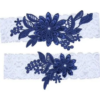 Podvazkový pás IDARY Svatební podvazek květina krajkový set 2ks - Tmavě modrá