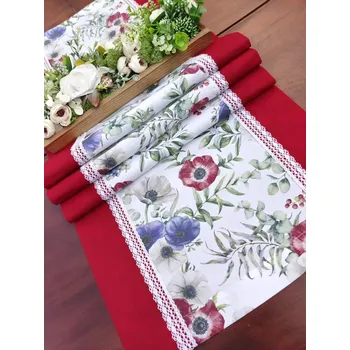 ubrus Běhoun - sasanky barevné s červeným mramorem