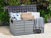 Zahradní úložný box Zahradní úložný box šedý plast 112 x 50 cm s úchyty kolečka venkovní box na nářadí Beliani