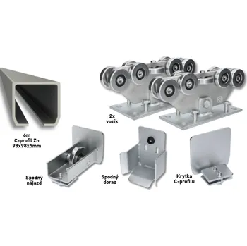 Pohon brány Sada 98x98x5 pro výrobu samonosných posuvných bran do šířky průjezdu 4,5 m Zn, 9 válečkových vozíků