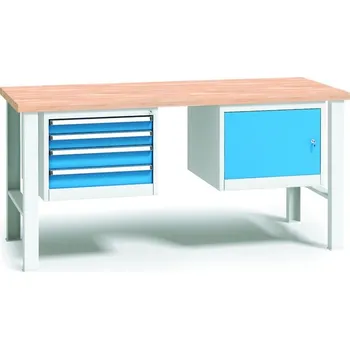 Dílenský stůl B2B Partner Pracovní stůl do dílny WL se závěsným boxem a skříňkou na nářadí, buková spárovka, 4 zásuvky, pevné kovové nohy, 1700 mm